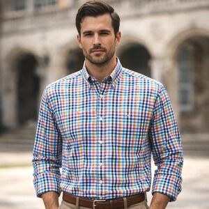 SCOTT BARBER Mens XL Rainbow Gingham Plaid Shirt Cotton Button Down L